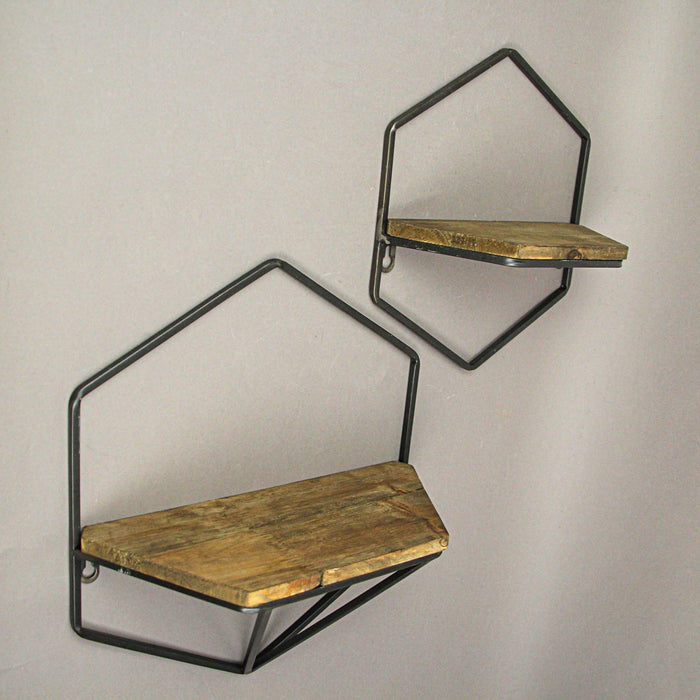 Set of 2 Rustic Wood and Metal Decorative Geometric Style Wall Hanging Floating Shelves for Stylish Display in Living Room,