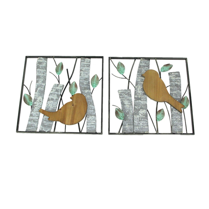 Multicolored - Image 1 - Set of 2 Rustic Wood & Metal Bird-Themed Wall Sculptures - Nature-Inspired Country Farmhouse Hanging
