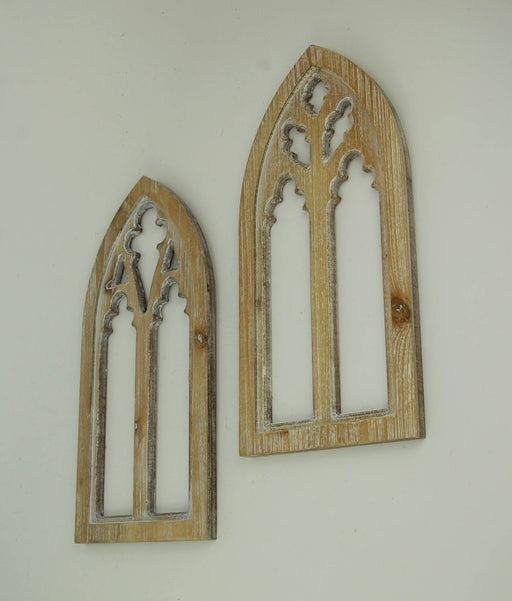 Set of 2 Whitewashed Wood Gothic Arch Window Frame Wall Hangings - Sculptural Elegance for Your Home Decor - 15.75 Inches