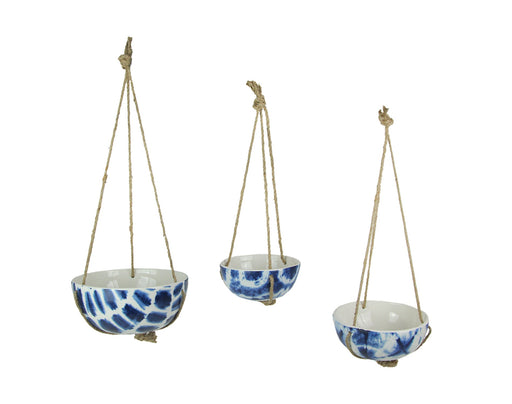 Set of 3 Blue and White Shibori Style Dyed Ceramic Hanging Mini Planters Plant Décor Image 1