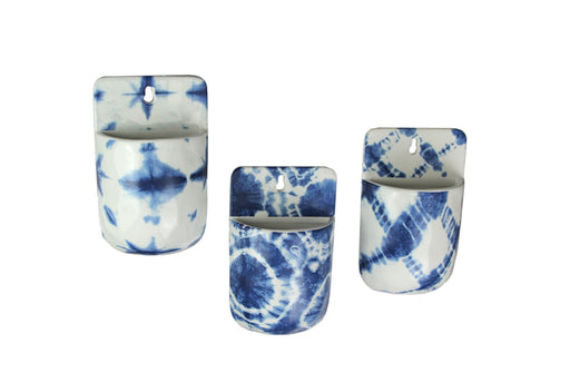 Set of 3 Blue and White Shibori Style Dyed Ceramic Wall Pocket Hangings Boho Décor Image 1