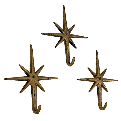 Gold - Image 1 - Set of 3 Gold Finish Cast Iron 8-Pointed Atomic Starburst Wall Hooks - Mid-Century Modern Elegance - Easy
