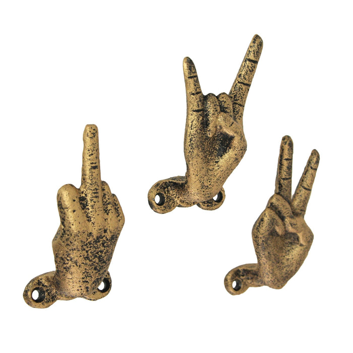 Gold - Image 1 - 3 Gold Cast Iron Hand Gesture Decorative Wall Hooks, 4 Inches High - Peace Sign, Rock On, and Finger
