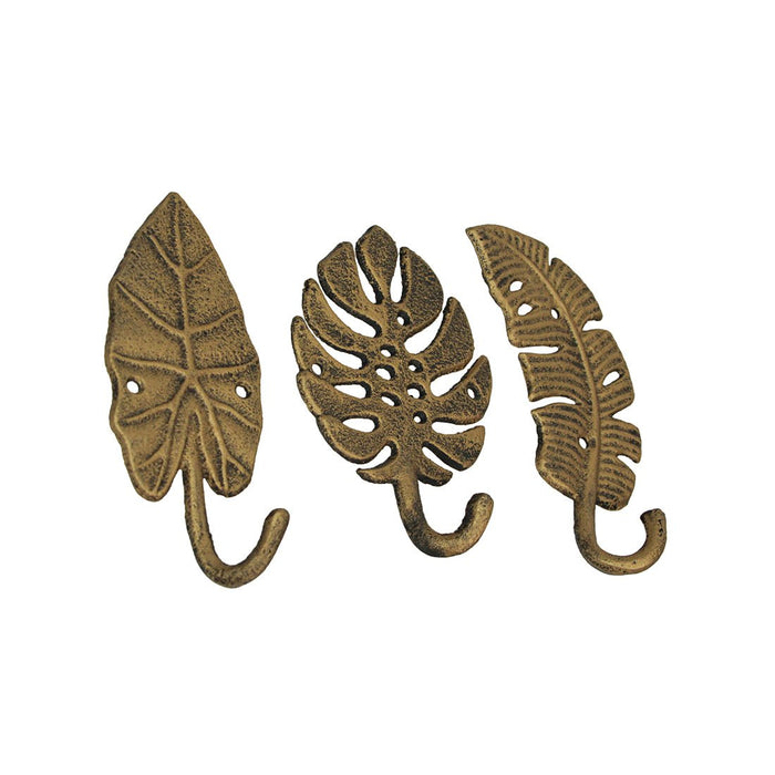 Gold - Image 2 - Zeckos Tropical Leaf Metal Wall Art - Set of 3 Decorative Wall Hooks, Gold Finish - Charming 6.25" Leaves -
