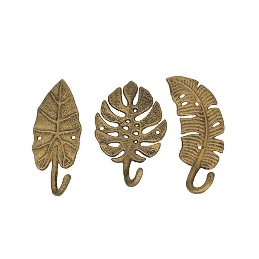 Zeckos Set of 3 Cast Iron Tropical Leaf Decorative Wall Hooks