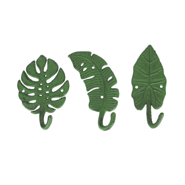 Green - Image 1 - Set of 3 Cast Iron Green Tropical Leaf Decorative Wall Hooks - Functional and Stylish - 6 Inches High -