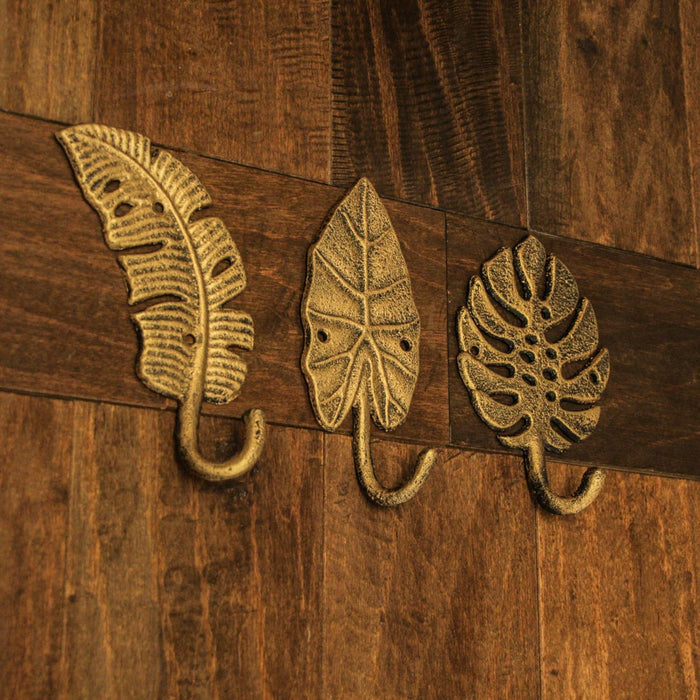 Gold - Image 5 - Zeckos Tropical Leaf Metal Wall Art - Set of 3 Decorative Wall Hooks, Gold Finish - Charming 6.25" Leaves -