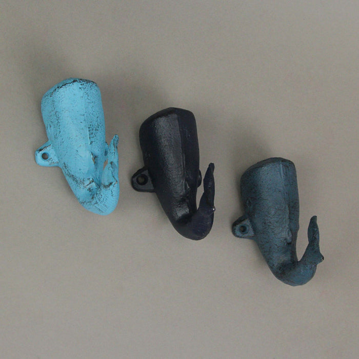 Set of 3 Decorative Cast Iron Blue Whale Wall Hooks for a Playful Nautical Touch - Ideal for Hanging Coats, Bags, and Towels