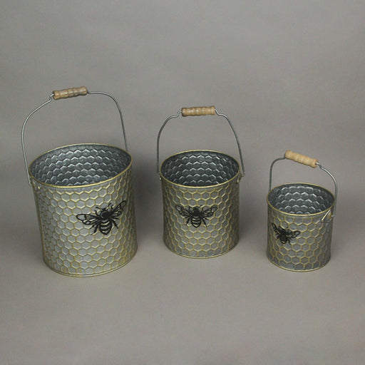 Set of 3 Galvanized Grey Metal Honeycomb Textured and Bumblebee-Themed Nesting Buckets for Stylish Nature-Themed Decor in