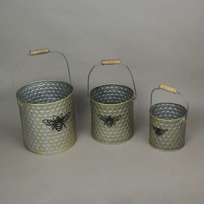 Set of 3 Galvanized Grey Metal Honeycomb Textured and Bumblebee-Themed Nesting Buckets for Stylish Nature-Themed Decor in