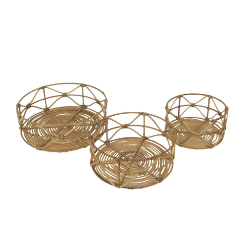 Set of 3 Metal and Rattan Nesting Round Basket Trays Image 1