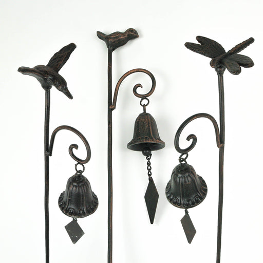 Set of 3 Metal Garden Stakes with Bronze Finish, Hummingbird, Bird, Butterfly, and Bells, Perfect for Outdoor Decor, Yard