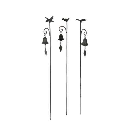 Set of 3 Metal Garden Stakes with Bronze Finish, Hummingbird, Bird, Butterfly, and Bells, Perfect for Outdoor Decor, Yard