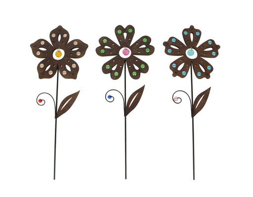 Set of 3 Rustic Brown Metal Flower Garden Stakes With Colorful Jewel Accents 18 Inches High Image 1