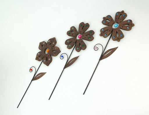 Set of 3 Rustic Brown Metal Flower Garden Stakes With Colorful Jewel Accents 18 Inches High Image 2