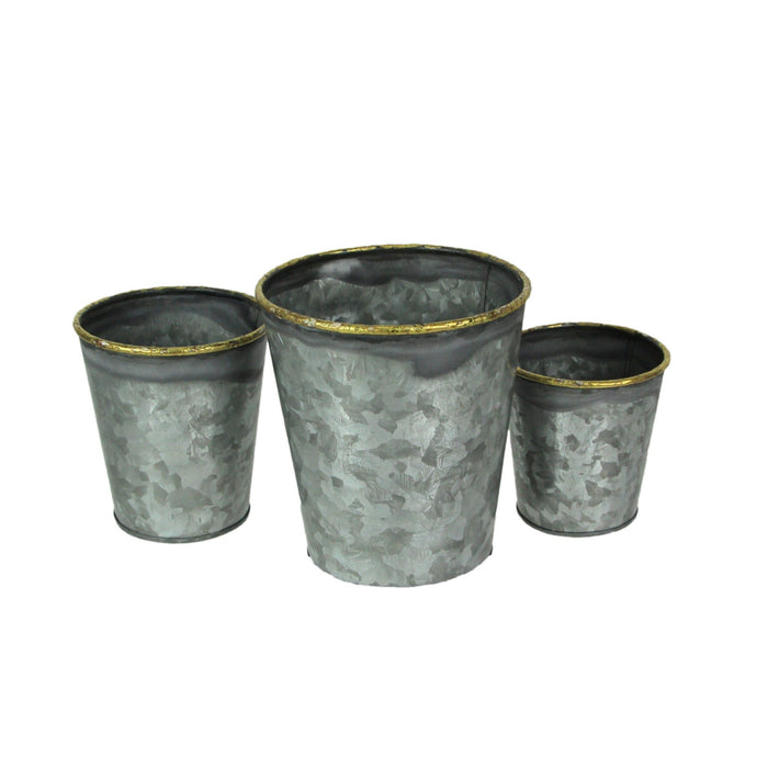 Set of 3 Rustic Galvanized Grey Zinc Finish Metal Buckets, Featuring Hand-Painted Metallic Gold Rims for Stylish and