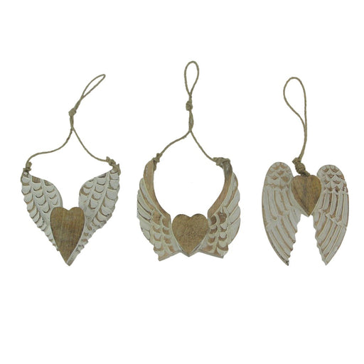 Set of 3 Rustic Wood Angel Wings Heart Sculptures with White Painted Finish and Twine Hanging - Each 5 Inches High - Timeless