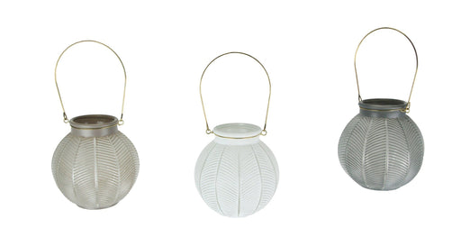 Set of 3 Textured Pink, White & Gray Glass 6 Inch Diameter Candle Lanterns Wire Handles Image 1