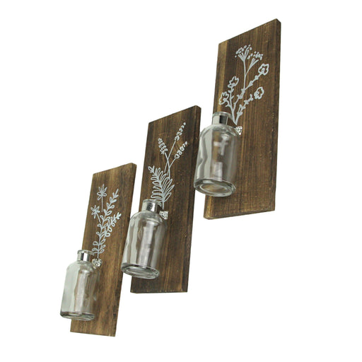 Set of 3 Wood Framed Glass Bottle Wall Vases Bohemian Style Boho Decor Image 2