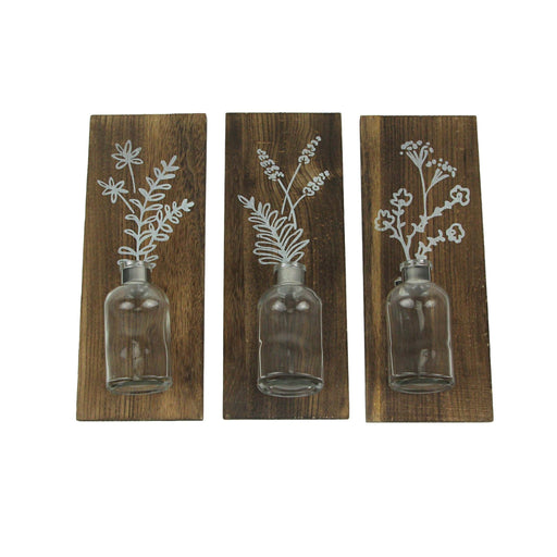 Set of 3 Wood Framed Glass Bottle Wall Vases Bohemian Style Boho Decor Image 1