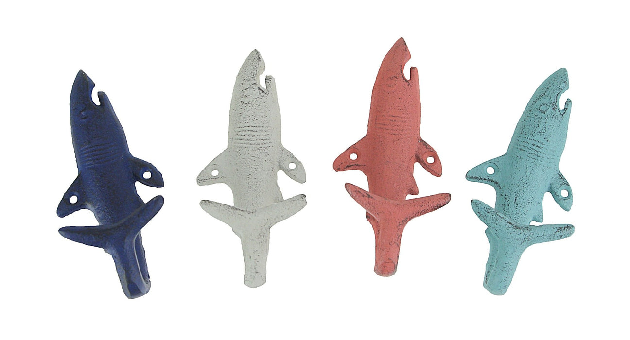 Coastal Coral - Image 1 - Set of 4 Cast Iron Coastal Color Shark Tail Wall Hooks - Decorative Nautical Accents for