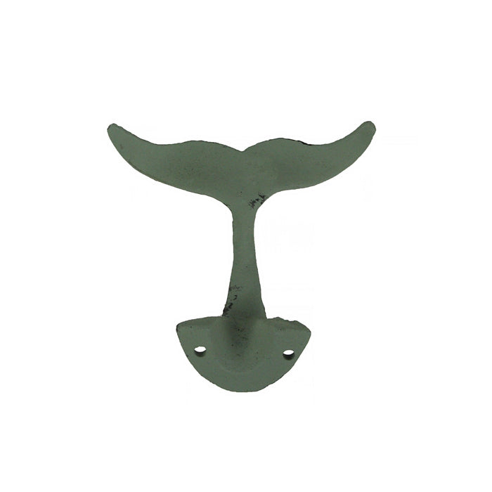 Set of 4 Durable Cast Iron Whale Tail Wall Hooks with Verdigris Green Finish - Nautical Decorative Hooks for Coats, Robes, or
