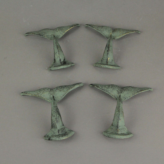 Set of 4 Durable Cast Iron Whale Tail Wall Hooks with Verdigris Green Finish - Nautical Decorative Hooks for Coats, Robes, or
