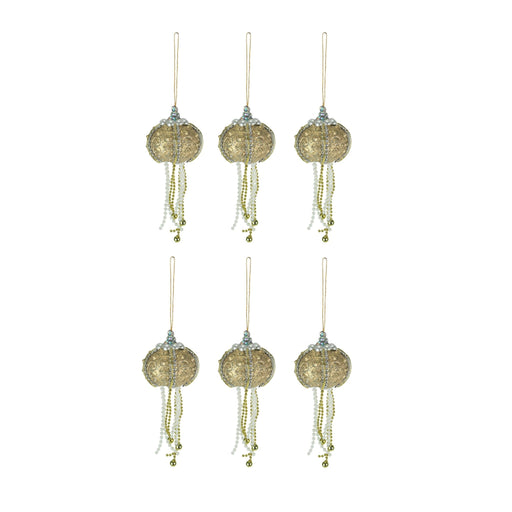 Set of 6 Elegant Golden Sea Urchin Shell Hanging Ornaments Beaded Accents Image 1