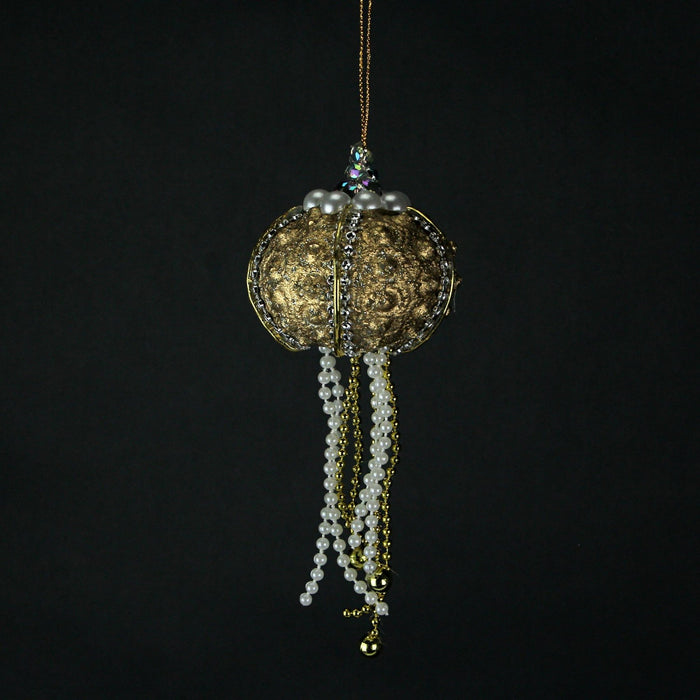 Set of 6 Elegant Golden Sea Urchin Shell Hanging Ornaments Beaded Accents Image 3