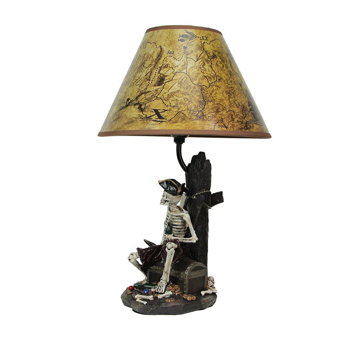 Set of Two 21 Inch Pirate Skeleton Caribbean Treasure Table Lamps with Treasure Map Shades - Nautical Bedroom Lights for