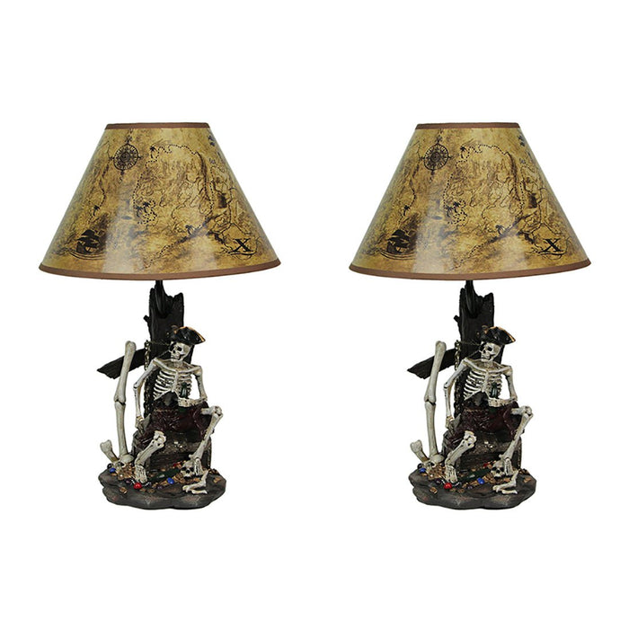 Set of Two 21 Inch Pirate Skeleton Caribbean Treasure Table Lamps with Treasure Map Shades - Nautical Bedroom Lights for