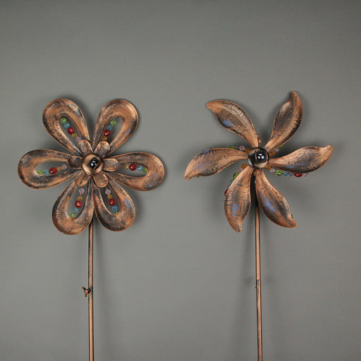 tunning Set of 2 Antique Copper Finish 12 Inch Diameter Flower Pinwheel Wind Spinners Adorned with Wired Faceted Beads -