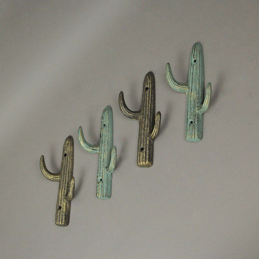 Verdigris Bronze Cast Iron Cactus Wall Hook Key Towel Coat Hanger Decor Set of 4 Image 2