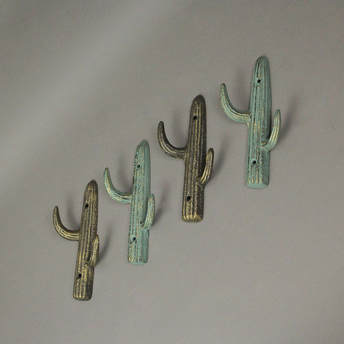 Verdigris Bronze Cast Iron Cactus Wall Hook Key Towel Coat Hanger Decor Set of 4 Image 2