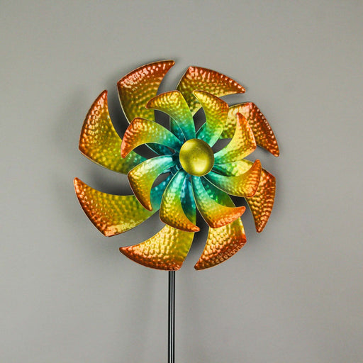 Vibrant Spectrum of Motion: Orange, Yellow, Green & Blue Pinwheel Kinetic Wind Spinner Sculpture for Garden, Yard and