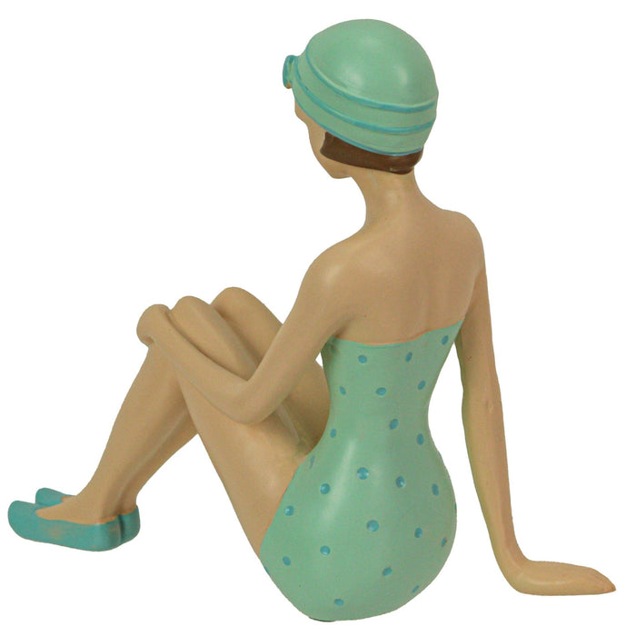 Vintage Bathing Beauty in Teal and Blue Polka Dot Swimsuit Statue, a Nostalgic Art Piece  - 8.25 Inches Long - Capturing the