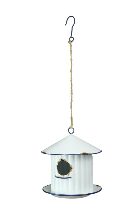 Weathered White Farm Silo Design Hanging Rustic Metal Birdhouse - Adorned with Charming Blue Trim - A Delightful 6.75-Inch