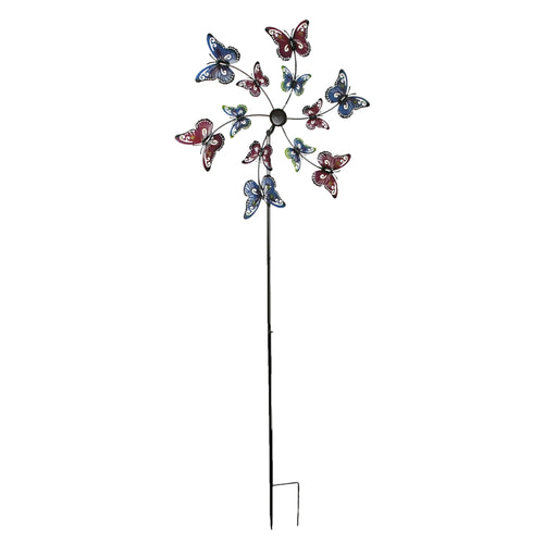 Whimsical Laser-Cut Butterfly Kinetic Wind Sculpture Garden Twirler Spinner Stake - Vibrant Red and Blue Finish - 72 Inches